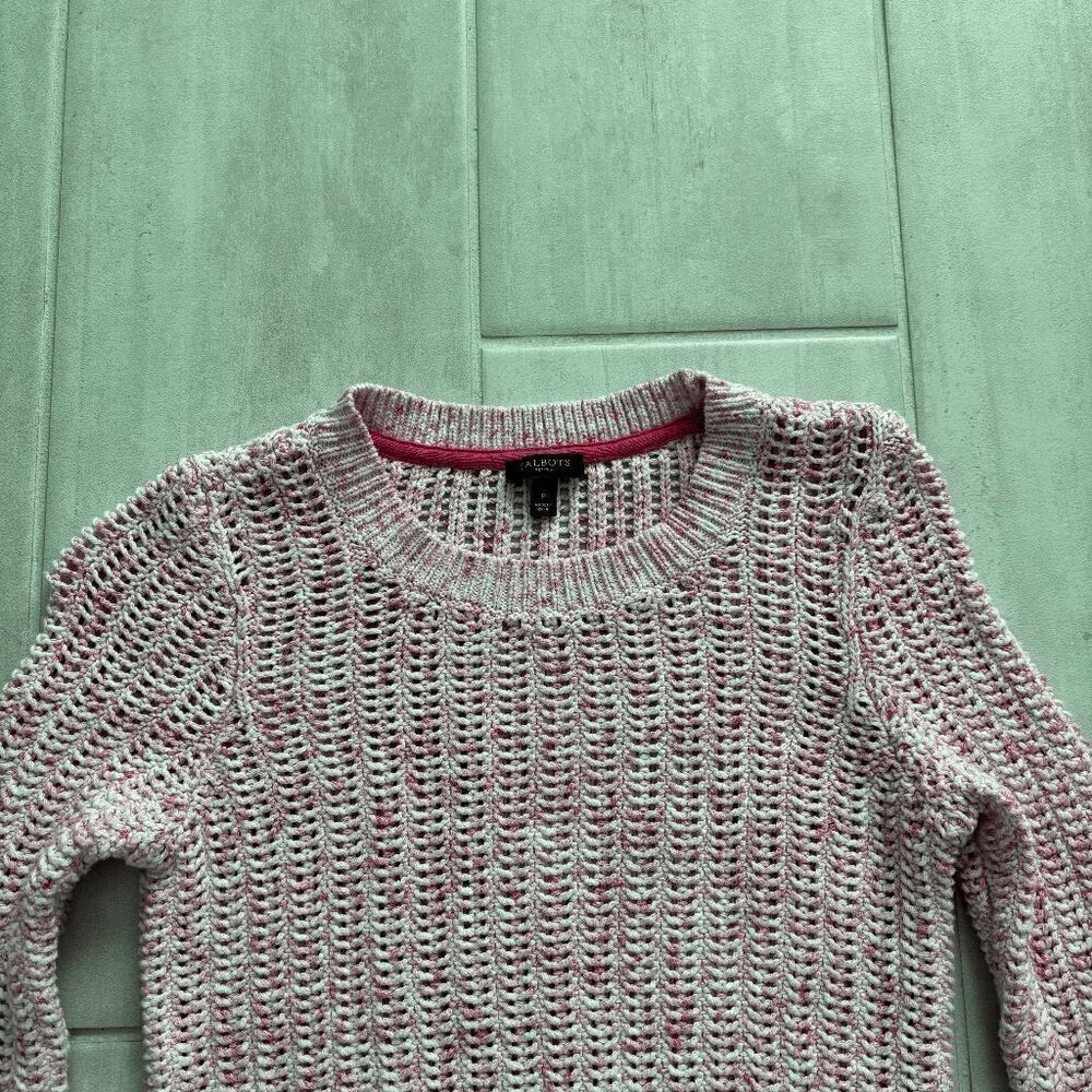 Talbots Open Knit Sweater Petite S 100% Cotton Pink Pullover Crewneck Barbie - Picture 3 of 7